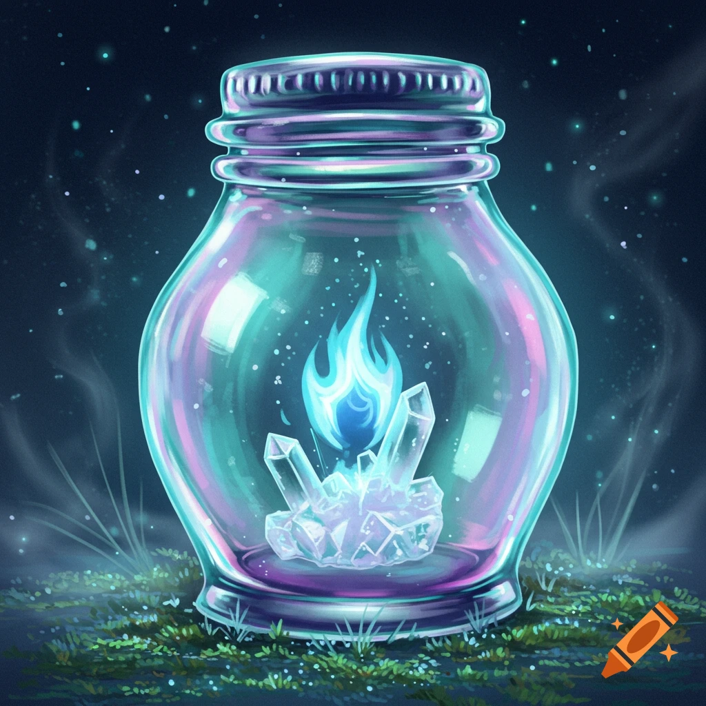 A mystical jar with a glowing blue flame and clear ice crystals inside, sitting on mossy ground in a dark, starry environment.