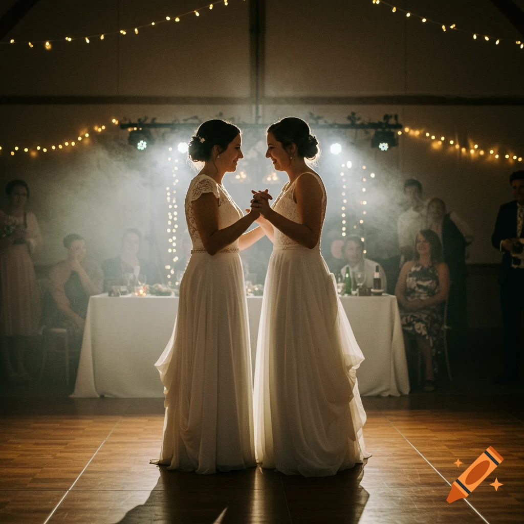 Two women in white dresses dance holding hands under string lights at a wedding reception.