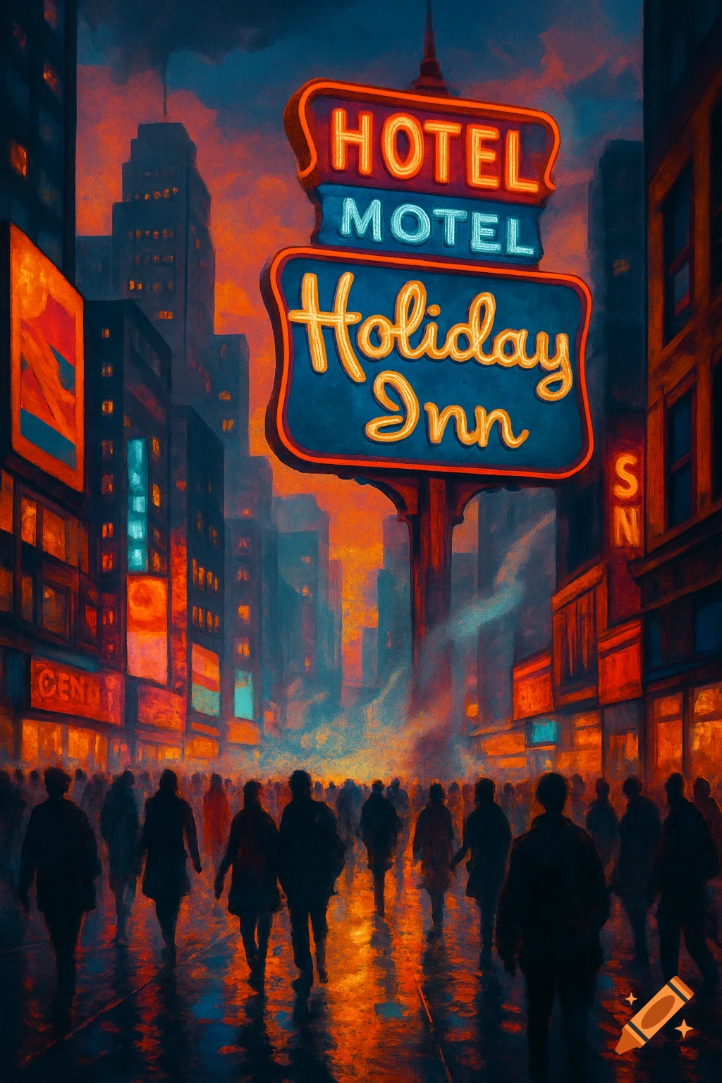 A painterly cityscape at dusk with a large neon sign for 'Hotel Motel Holiday Inn' overlooking a street filled with silhouetted people.