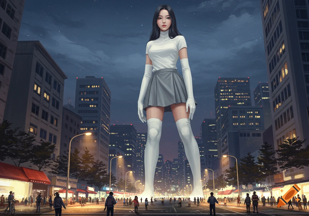 A giantess in a white shirt, gray skirt, and long white gloves and socks stands in a city street at night, towering over people and buildings.