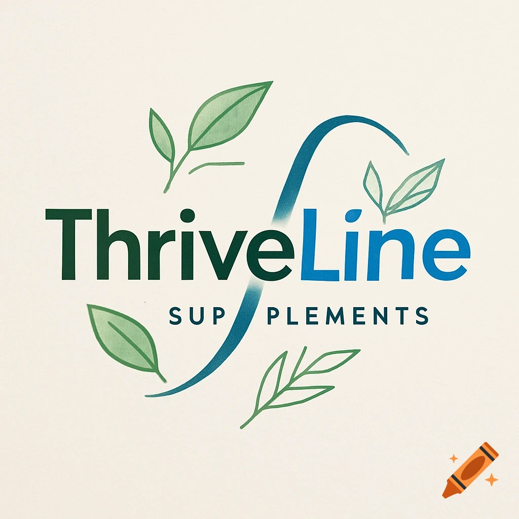 A logo featuring the dark green word 'ThriveLine' with 'SUPPLEMENTS' below it, surrounded by green leaves and a blue curved line.