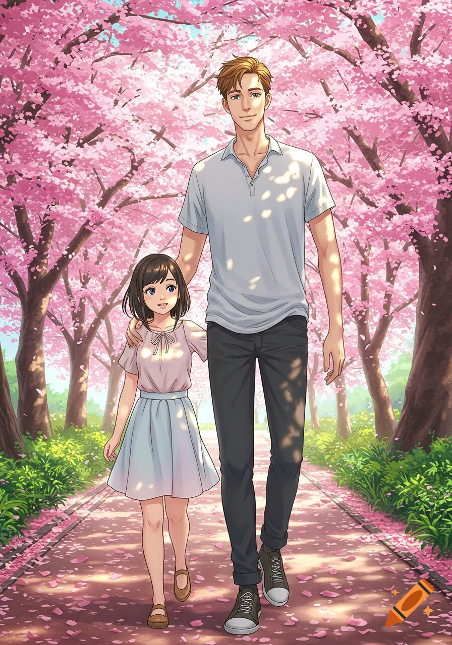 An anime illustration of a tall man and a young girl walking hand-in-arm on a path under blooming cherry blossom trees.