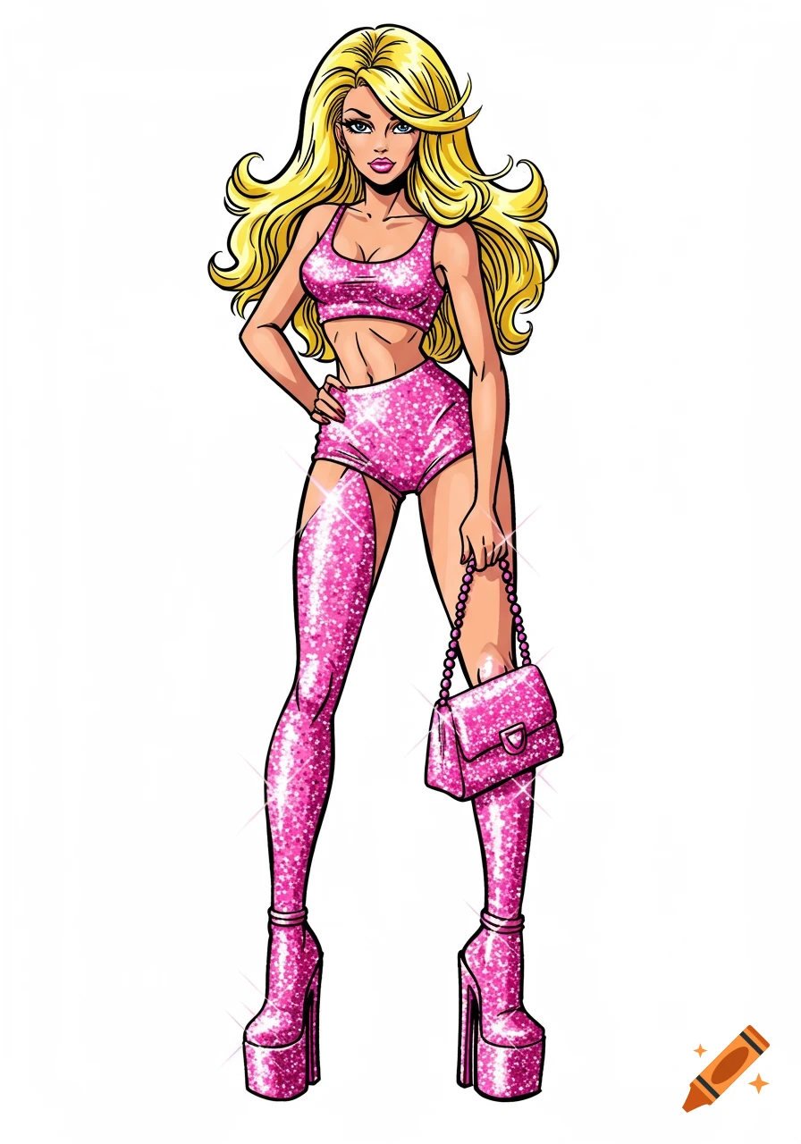 Comic art of a blonde woman in a glittering pink sports bra, hot pants, and platform heels, holding a pink purse on a white background.