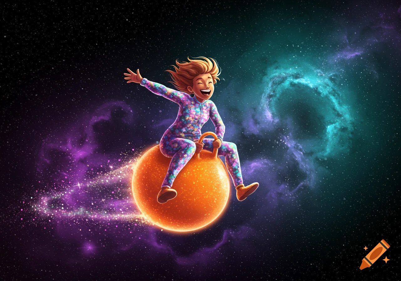 A joyful person in a colorful jumpsuit rides an orange space hopper through a starry galaxy.