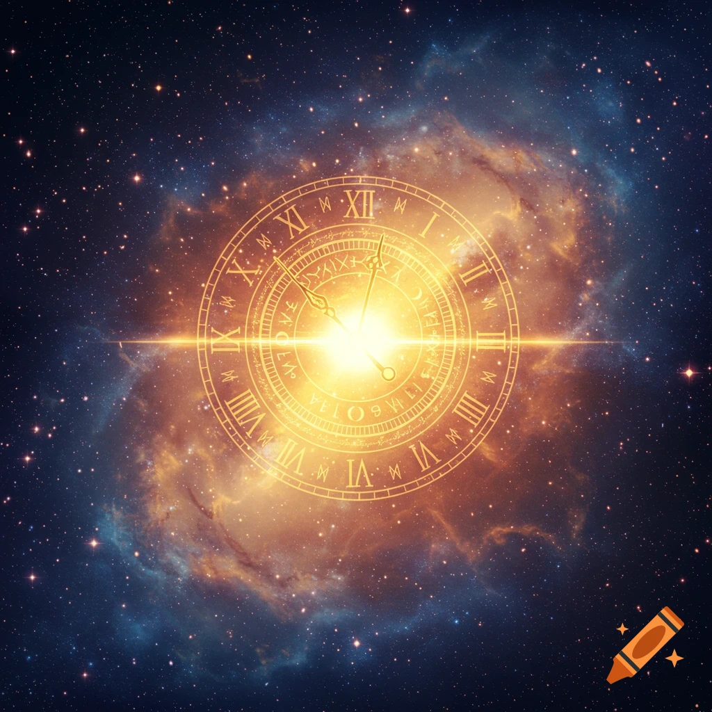 A glowing golden clock face with Roman numerals is set against a vibrant galaxy filled with stars and nebulae.