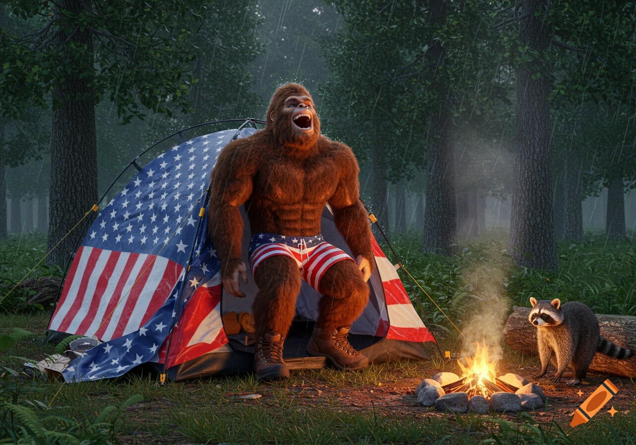Photorealistic image of a laughing Bigfoot in American flag shorts outside a tent in the rain, with a raccoon and campfire nearby.
