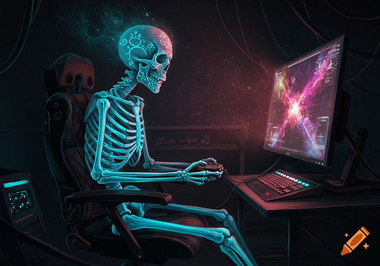A glowing blue skeleton plays video games in a dark room, intently focused on a vibrant, colorful screen.