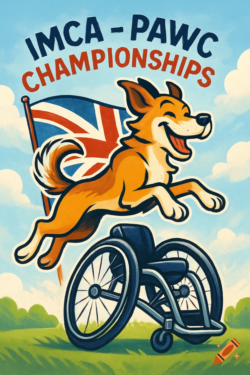 Cartoon illustration of a happy ginger dog jumping over a sports wheelchair with a Union Jack flag in the background under text 'IMCA - PAWC CHAMPIONSHIPS'.