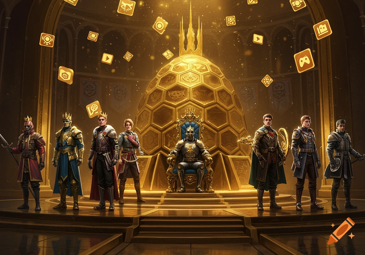 Fantasy scene with armored kings and warriors in a grand golden royal arena, surrounded by glowing game icons.