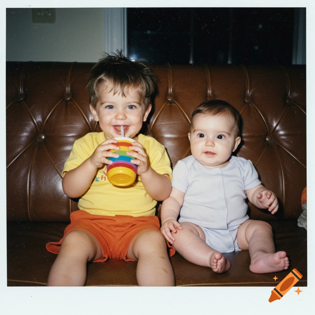 A 2-year-old boy in a yellow shirt and orange shorts drinks from a colorful cup next to a baby in a purple onesie on a brown couch in a 1990s polaroid photo.