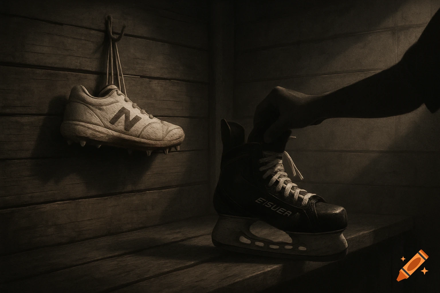 An illustrated, gritty image showing a baseball cleat hanging on a wooden wall and a hand holding a hockey skate on a bench.