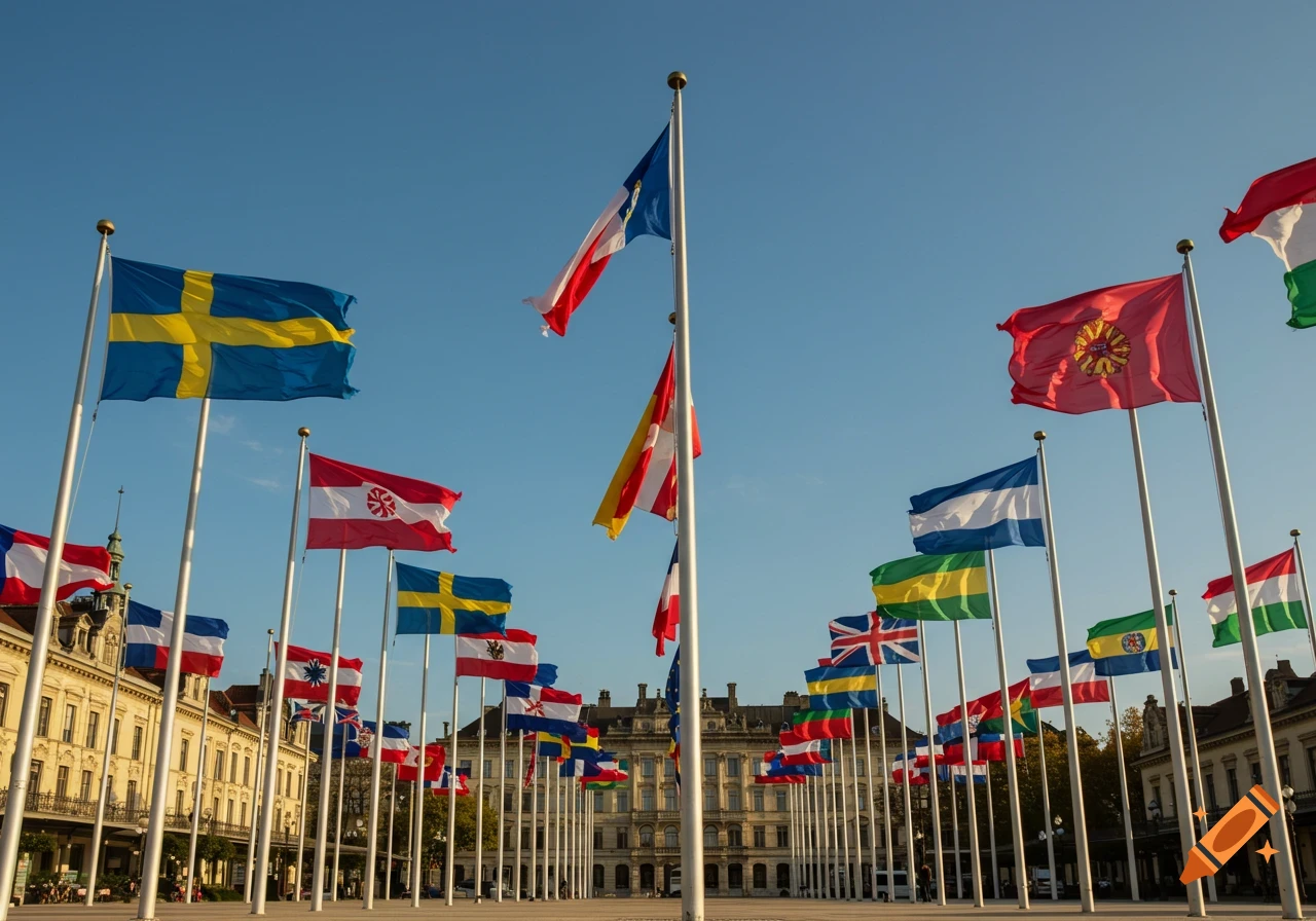 Numerous colorful flags on tall poles flying in a plaza surrounded by historic buildings under a clear blue sky.