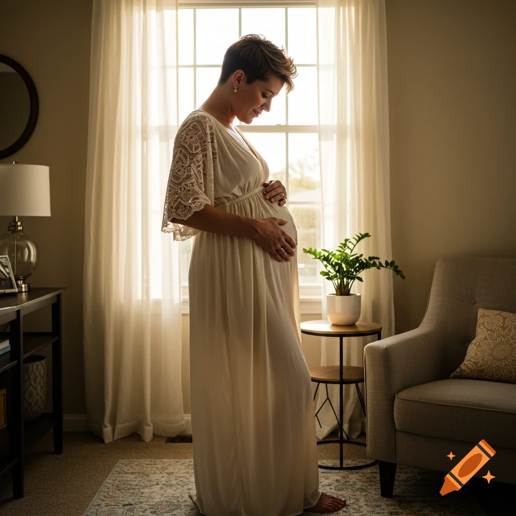 A pregnant person stands silhouetted by a bright window, gently holding their belly in a serene indoor setting.