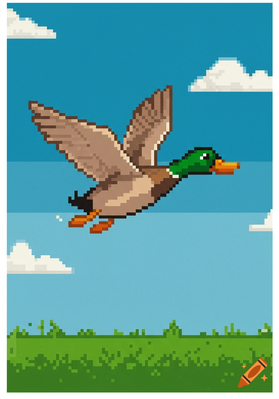 A pixel art duck with a green head and brown body flies in a blue sky over green pixelated grass, reminiscent of the Duck Hunt game.