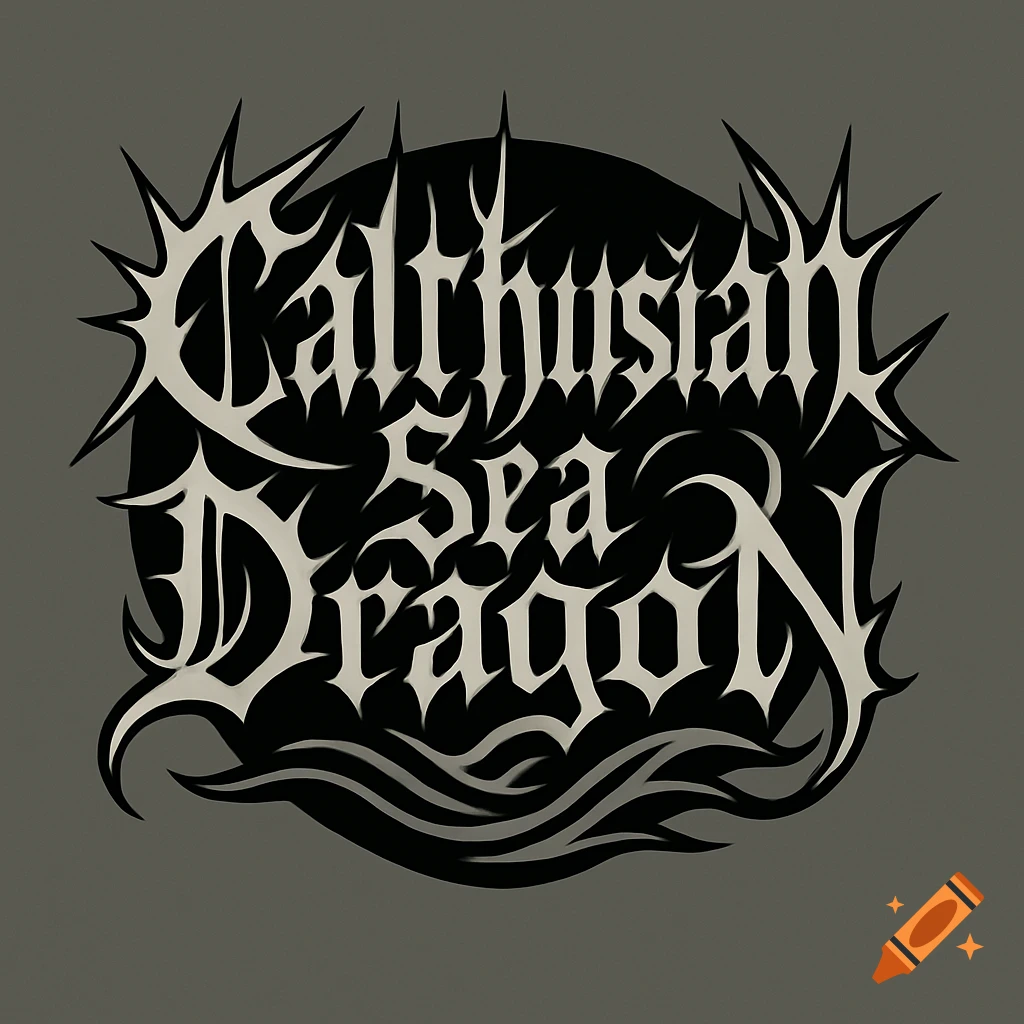 A black and white stylized gothic logo for 'Calthusian Sea Dragon' with sharp, spiky edges and wave-like elements.