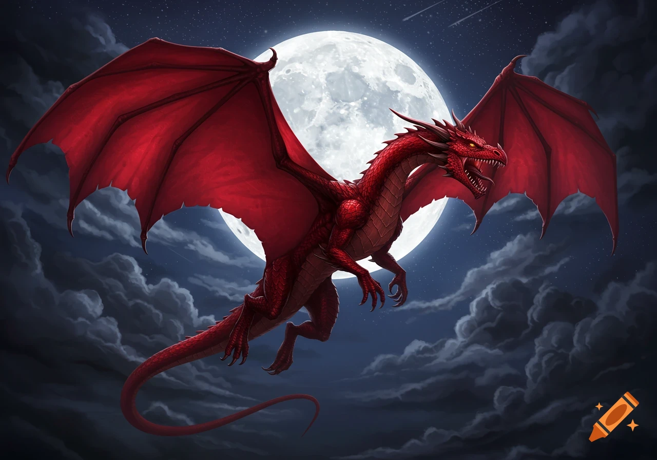 A majestic red dragon with large wings flies through a dark, cloudy night sky, illuminated by a bright full moon behind it.