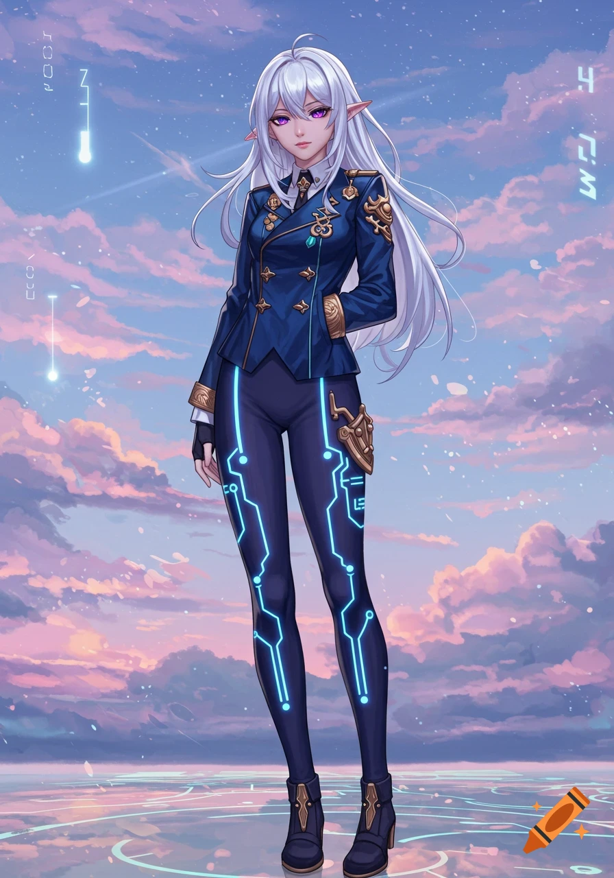 An anime elf girl with long white hair and purple eyes, wearing a dark blue uniform with glowing circuit patterns, stands against a pastel sunset sky.