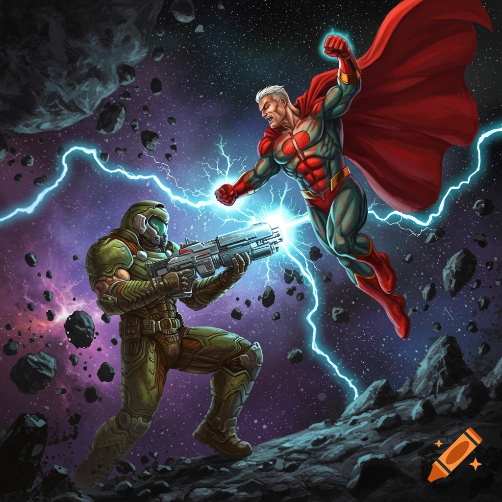 Doom Slayer and Omni-Man fighting in space with lightning.