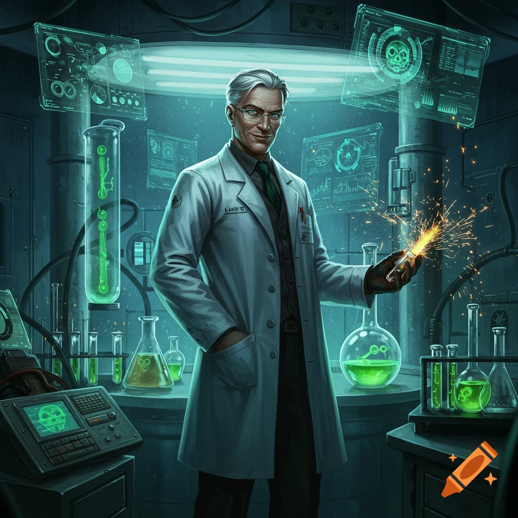 A confident scientist in a lab coat stands in a dimly lit, futuristic laboratory, holding a device emitting sparks. Green chemicals glow in beakers and test tubes, with holographic screens displaying data and a skull symbol in the background.