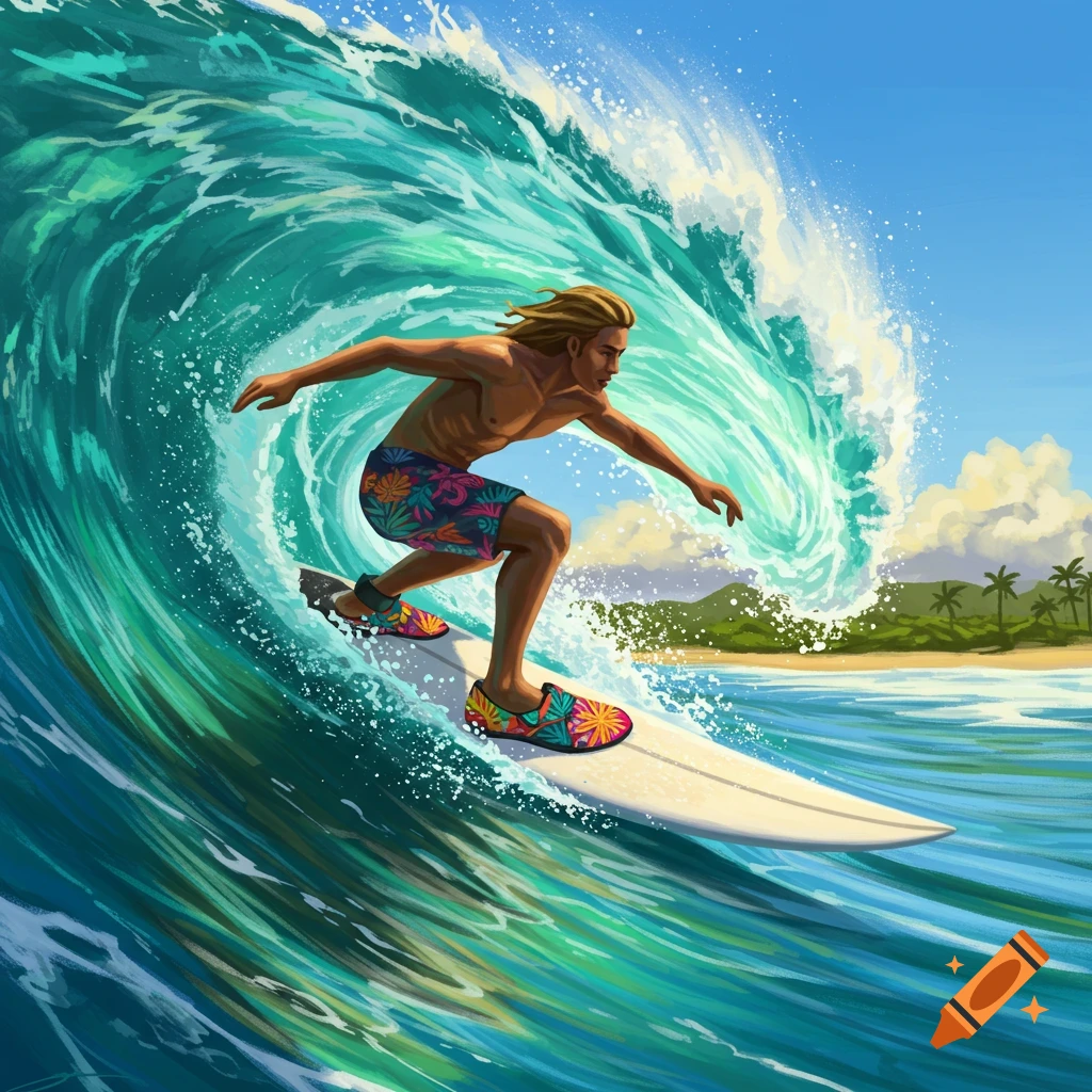 An illustration of a man with long blond hair surfing a large turquoise wave, with a tropical beach in the background.