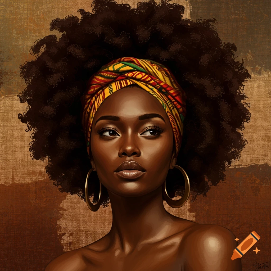 A beautiful African American woman with dark skin, a vibrant headwrap, a large afro, and gold hoop earrings looks to the side.