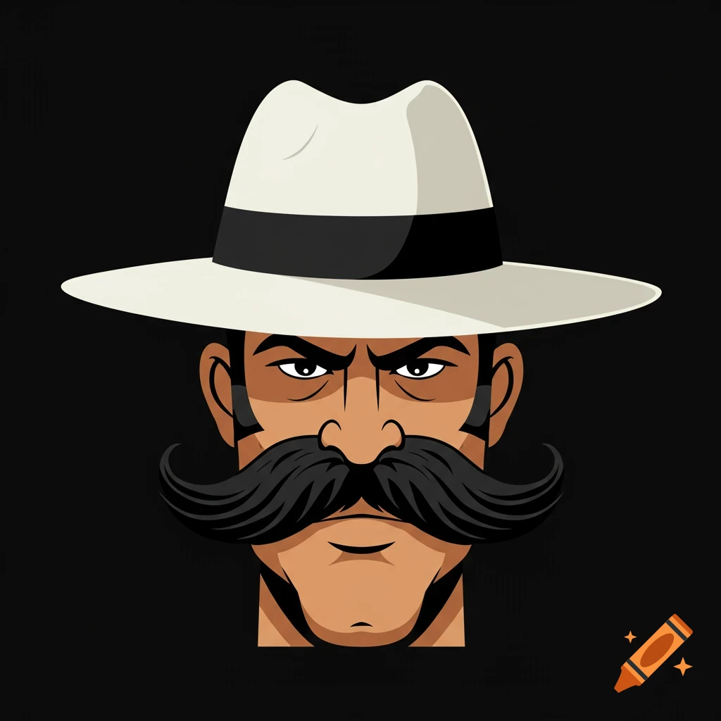 Cartoon portrait of a serious man with a large mustache and white panama hat on a black background.