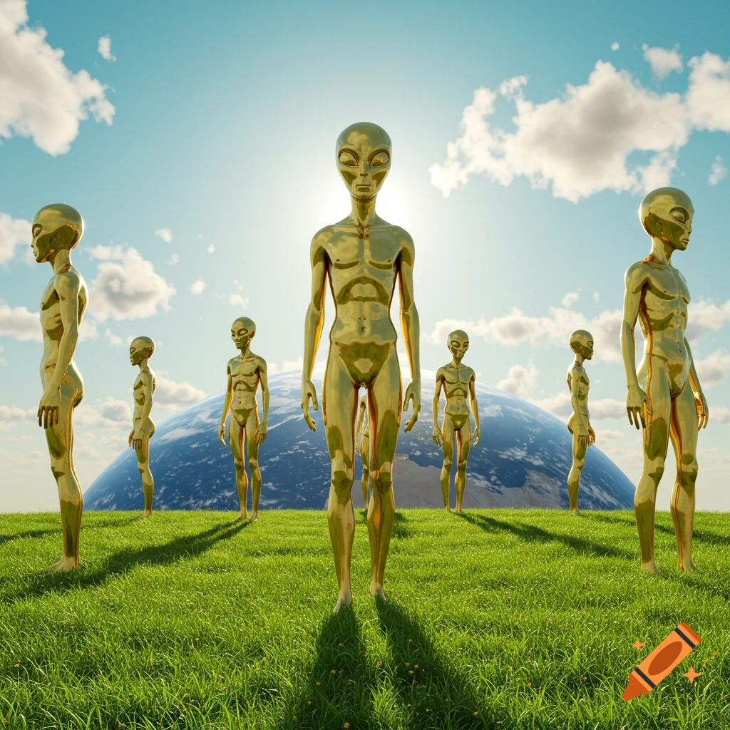 Shiny gold alien figures stand in a green field with Earth in the background under a blue sky.