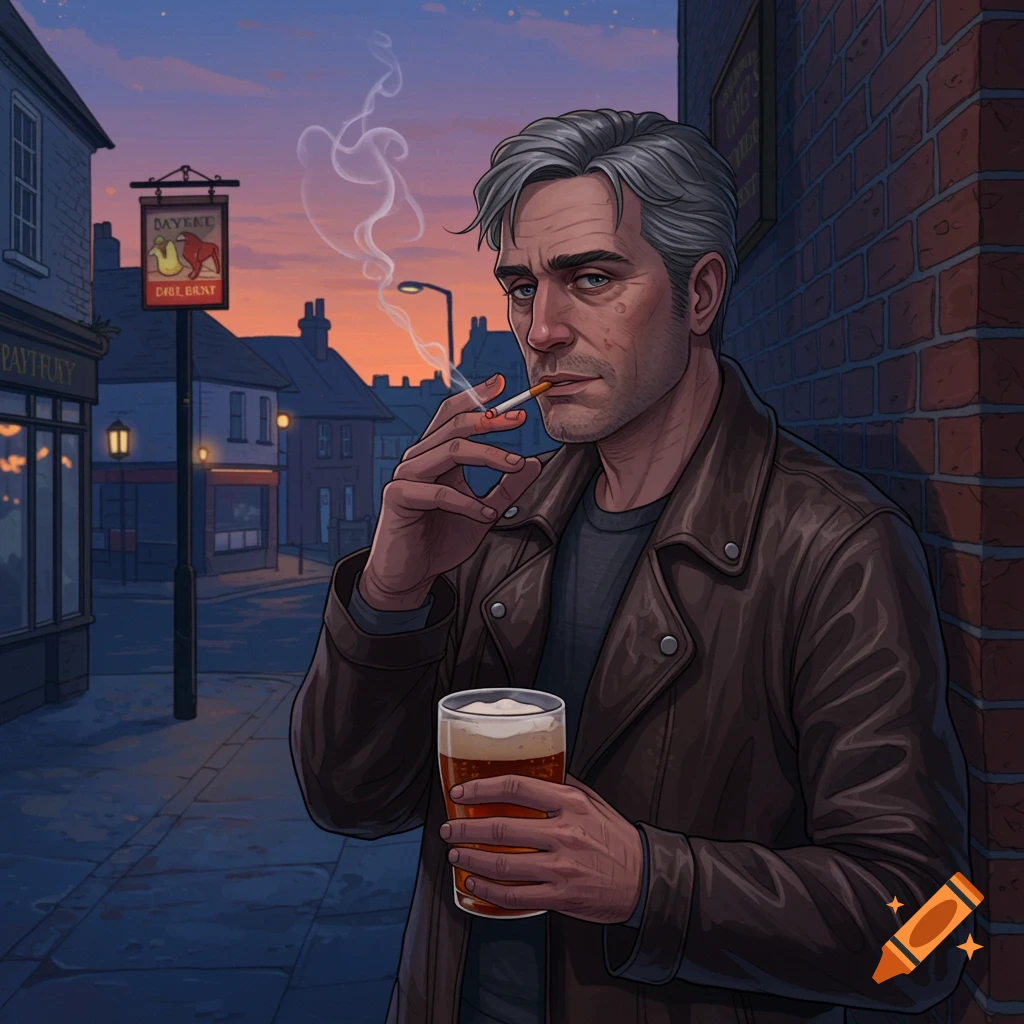 An illustration of a man with graying hair, wearing a brown leather jacket, smoking a cigarette and holding a glass of beer, standing outside a pub at dusk.
