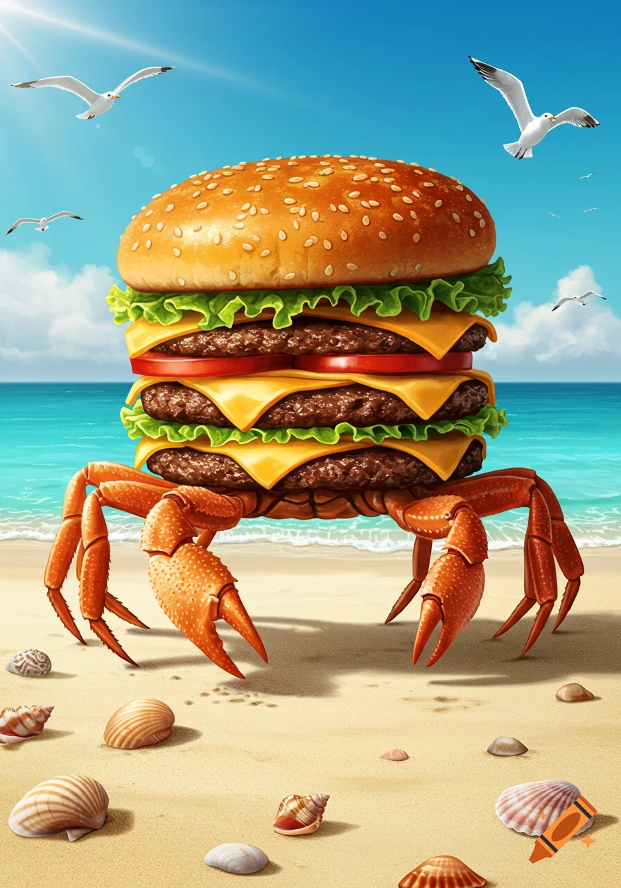 A whimsical illustration of a huge hamburger with crab legs standing on a sunny beach, with seashells, ocean waves, and seagulls.