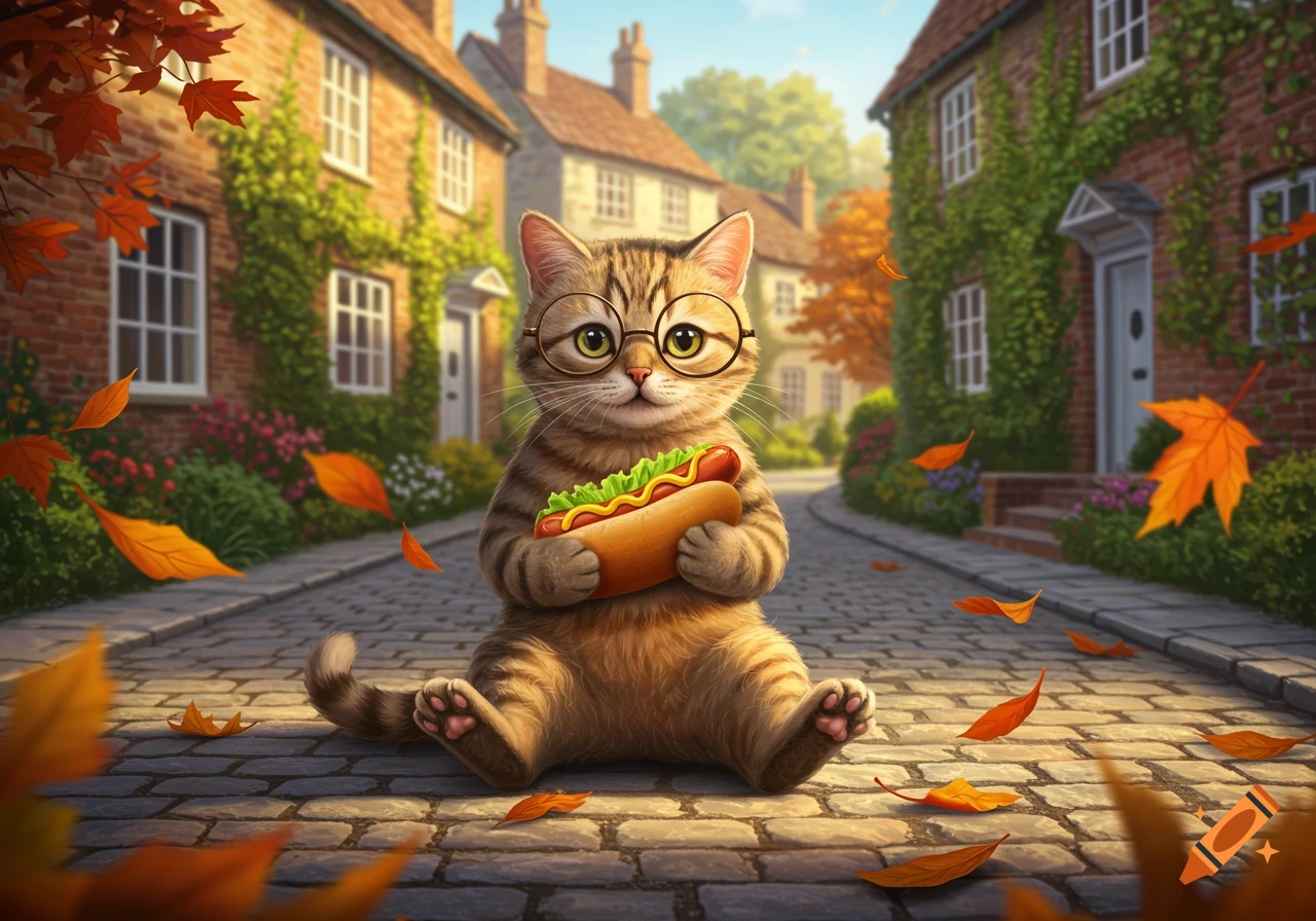 A cute tabby cat with glasses sits on a cobblestone street, holding a hot dog, with autumn leaves and village houses.