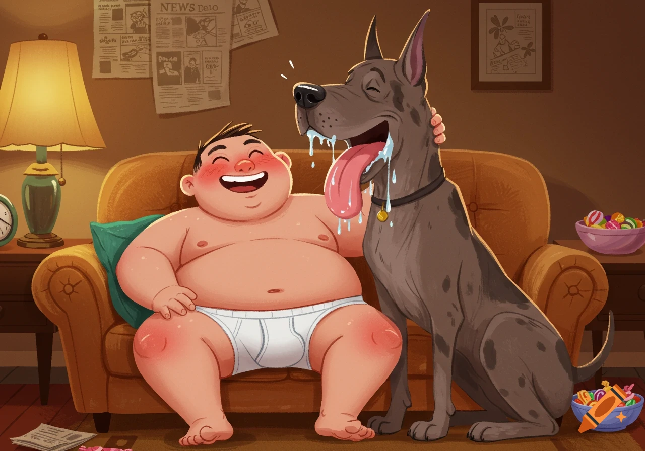 A chubby cartoon man in white briefs laughs while sitting on a couch as a drooling Great Dane licks his face.