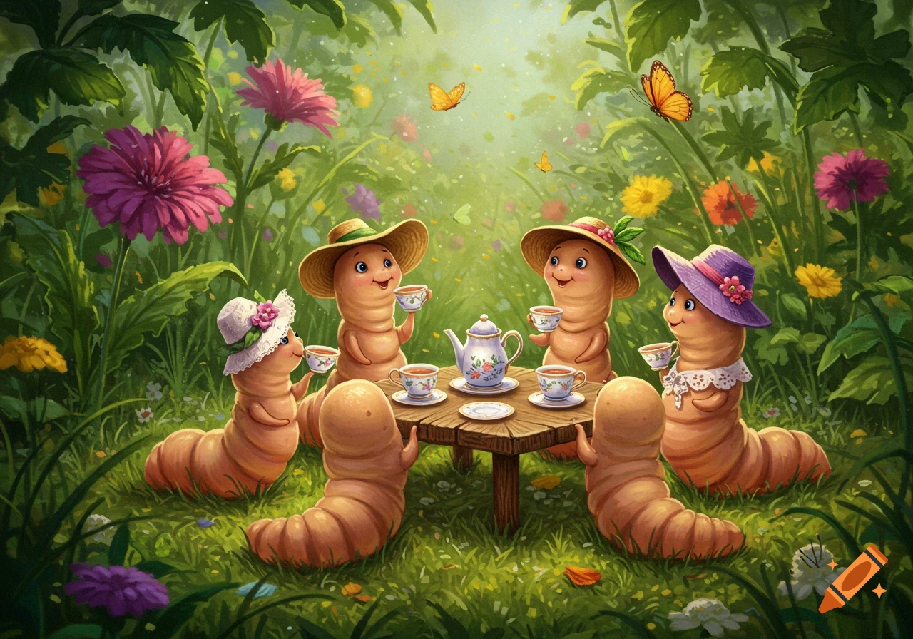 Whimsical illustration of six cartoon worms in hats having a tea party in a vibrant, flowery garden with butterflies.