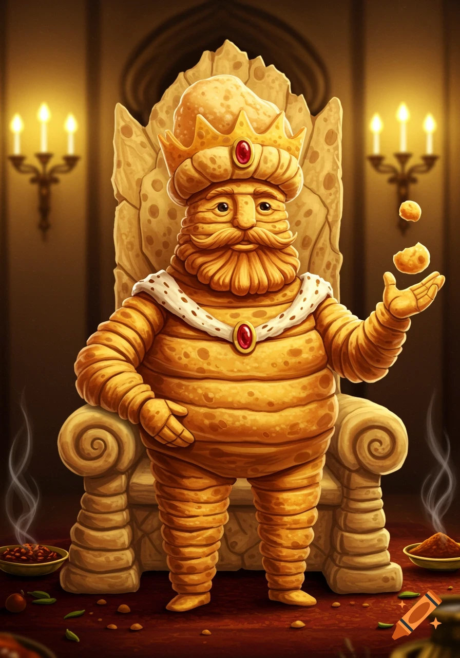 A cartoonish king character made of popadoms sits on a throne in a dimly lit hall, holding a piece of popadom.