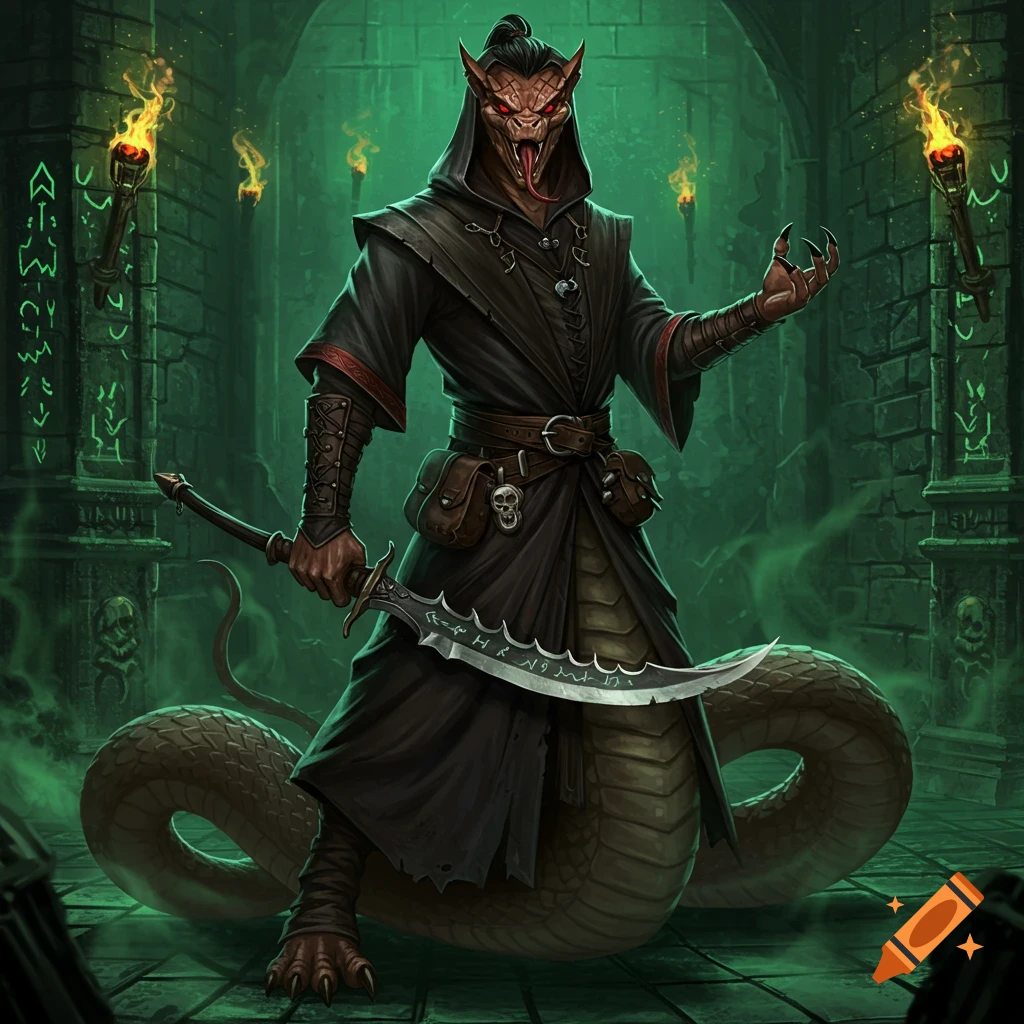 A cloaked Yuan-ti, a snake-human hybrid, with red eyes and a large tail, holds a curved scimitar in a dark, torchlit dungeon.