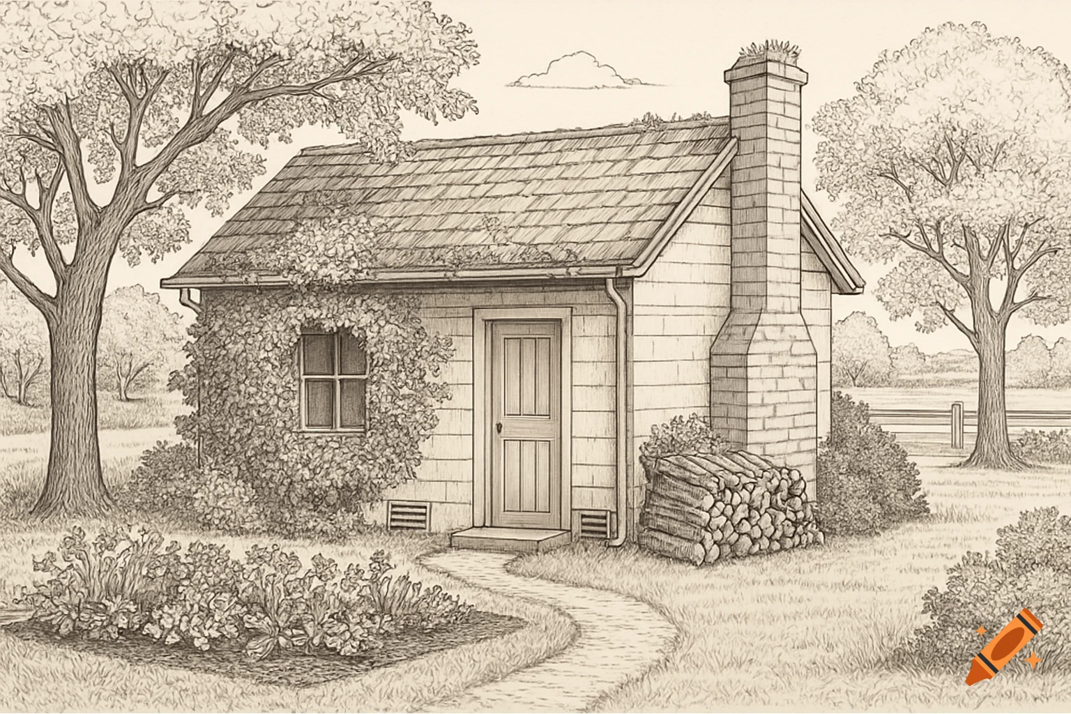 Detailed pen and ink drawing of a charming rural cottage with a winding path, surrounded by trees, a garden, and a woodpile.