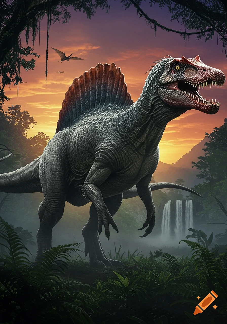 A large Spinosaurus stands in a lush prehistoric jungle at sunset, with a waterfall and flying pterosaurs.