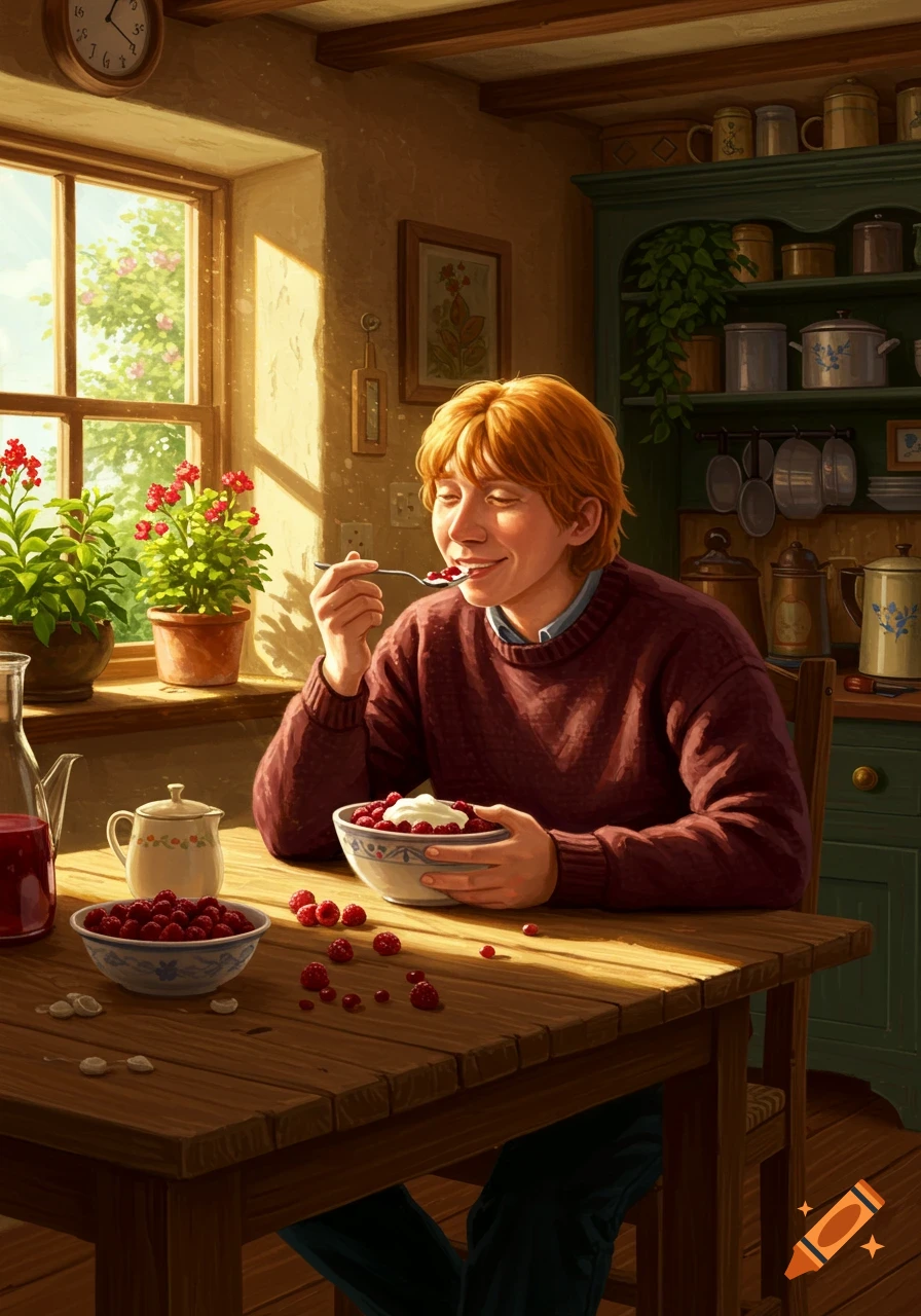 A young man with red hair, resembling Ron Weasley, happily eats a bowl of berries and cream at a wooden table in a sunlit, rustic kitchen.