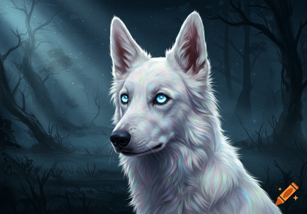 A white wolf with glowing blue eyes and iridescent fur in a dark, mystical forest, digital painting.