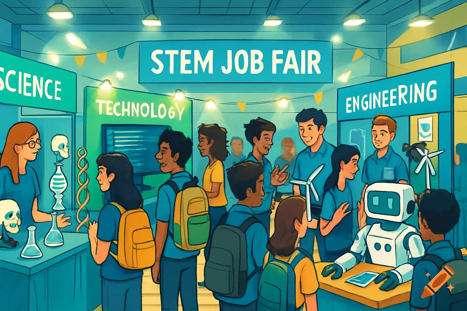 A cartoon illustration of a bustling STEM job fair with students, booths for Science, Technology, and Engineering, and a robot.