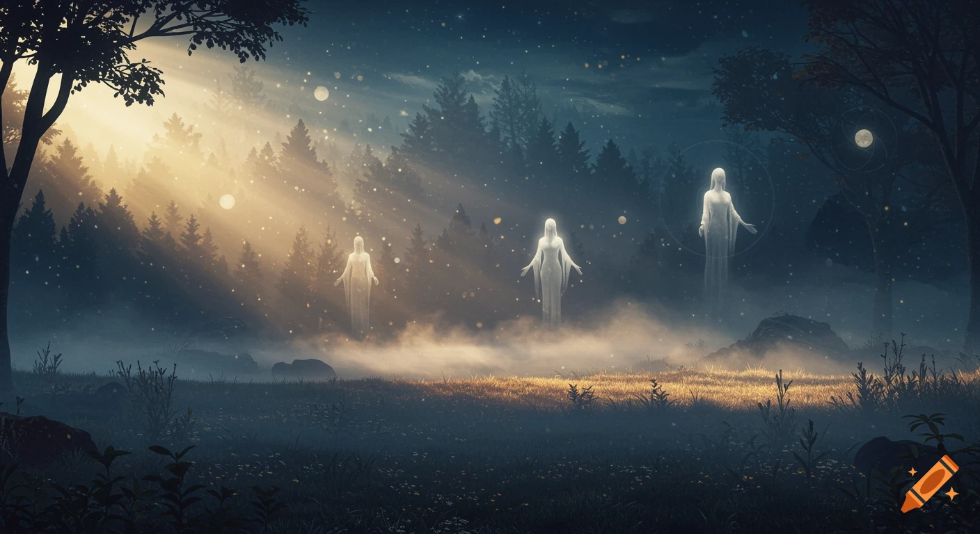 Three ethereal figures float in a mystical forest with glowing mist, light rays, and stars under a dark sky.