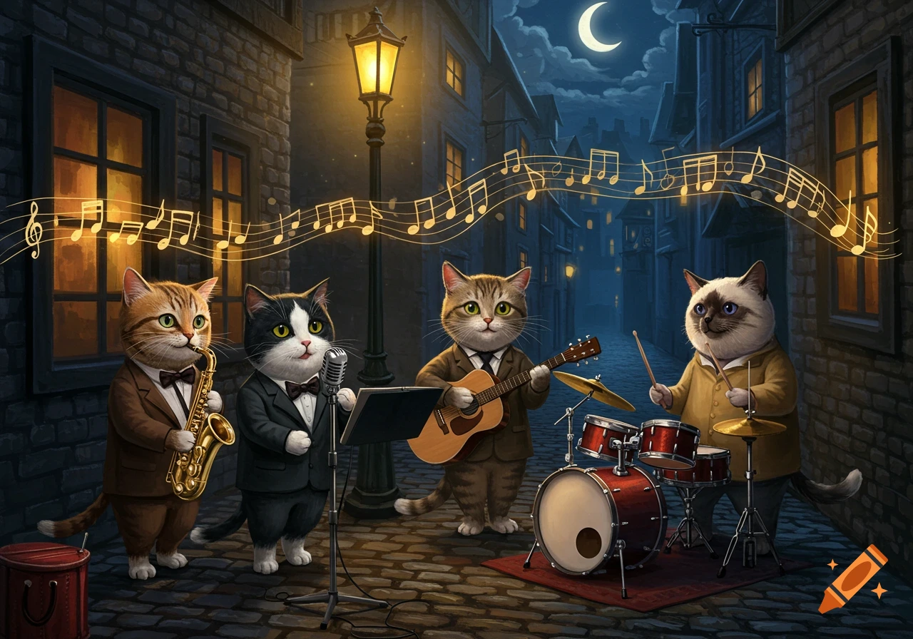 Anthropomorphic cats playing jazz on a cobblestone street at night. A saxophonist, singer, guitarist, and drummer play under a crescent moon with glowing musical notes.
