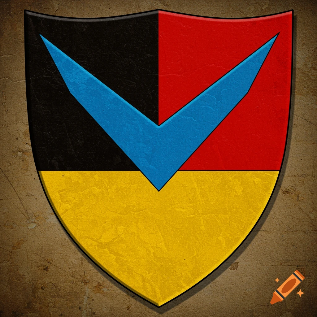 A shield with black top-left, red top-right, and gold bottom sections, divided by an azure blue upward-pointing chevron.