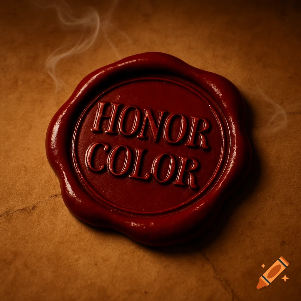 A red wax seal with 'HONOR COLOR' on textured brown paper, with smoke. Photorealistic.