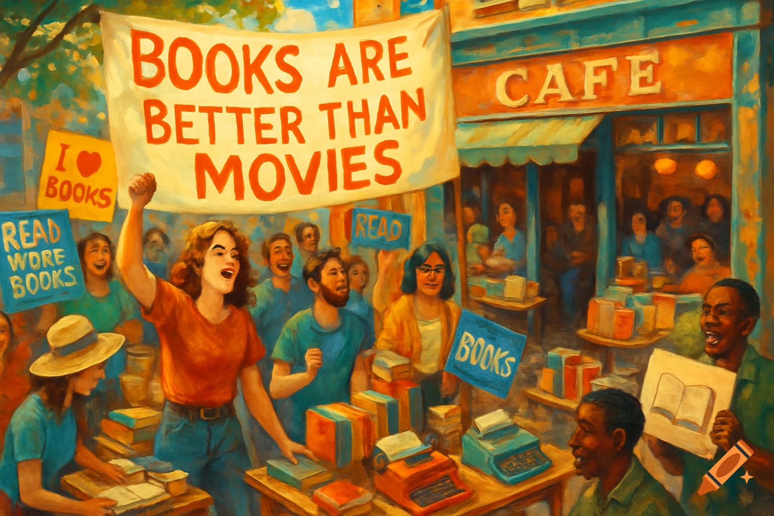 A vibrant painting of a street protest promoting books over movies, with a crowd holding signs and books outside a cafe.