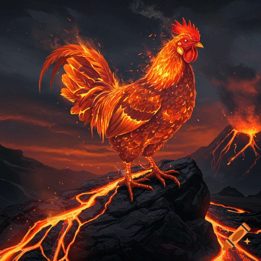 A fiery rooster with glowing lava feathers stands on a dark rock with lava flows. A volcano erupts in the background.
