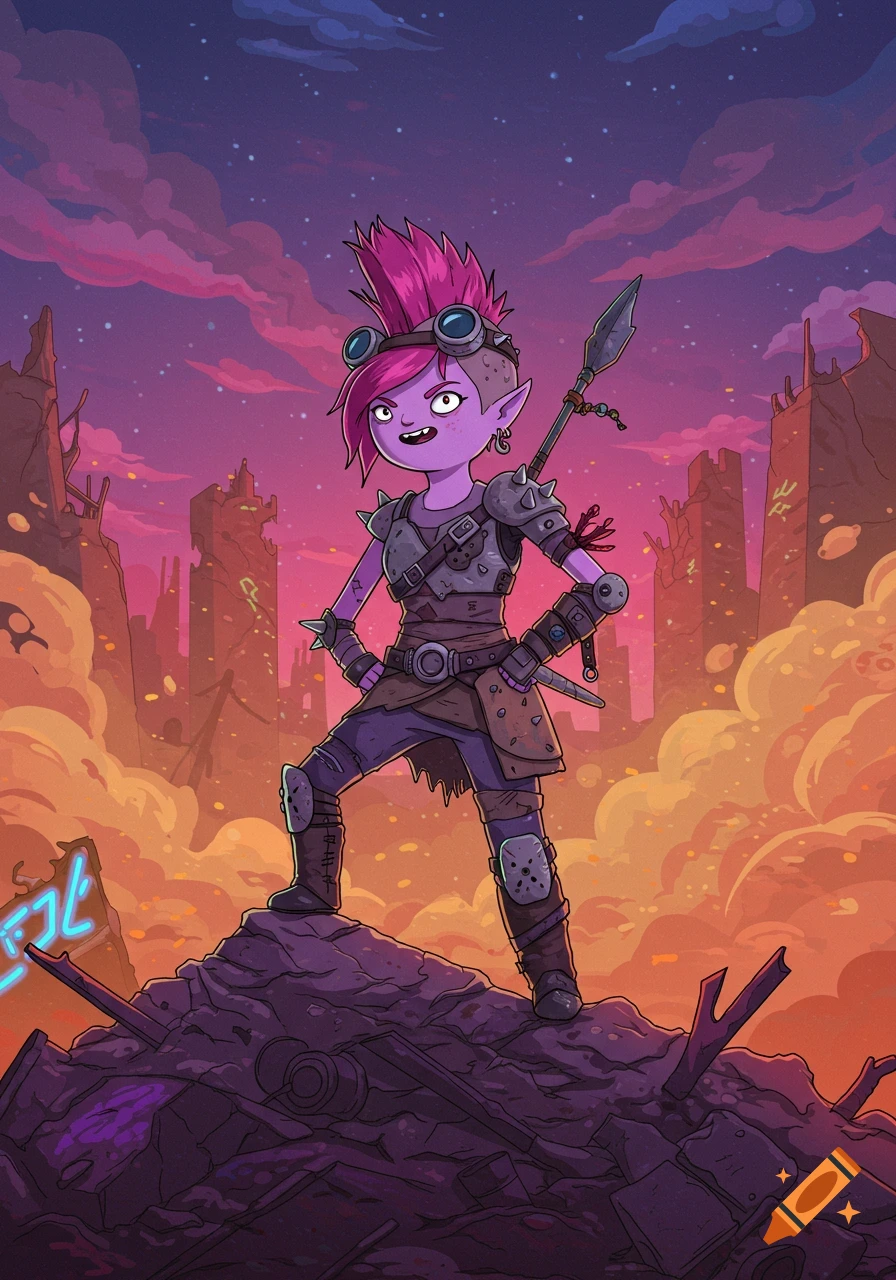 A purple-skinned raider girl with a pink mohawk stands on a pile of rubble against a vibrant orange and purple sky in an Adventure Time style, holding a spear.