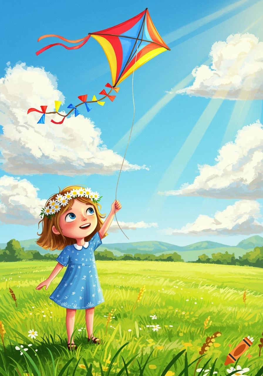 A happy little girl with a daisy wreath smiles up, flying a colorful kite in a sunny green field with blue skies and clouds. Illustration.
