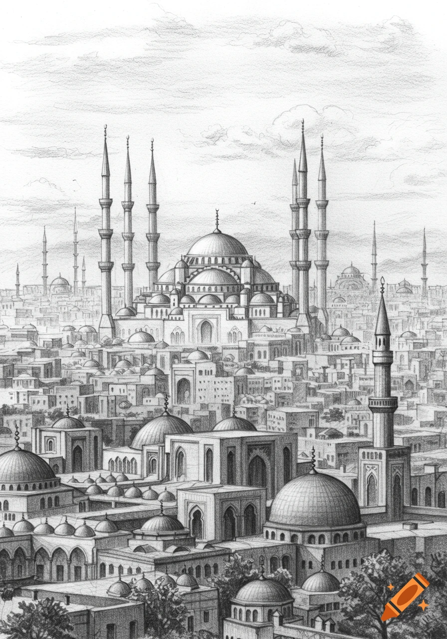 Pencil sketch of a cityscape with numerous mosques and minarets under a cloudy sky.