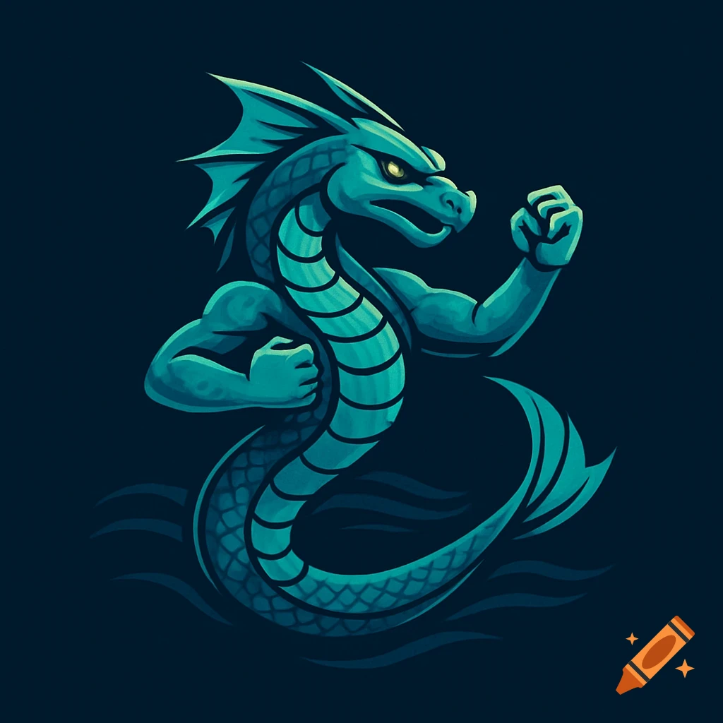 A stylized teal sea serpent with muscular arms in a karate pose on a dark background with subtle waves.