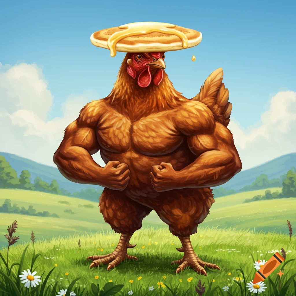 A muscular brown chicken flexing its biceps with a pancake and melting butter on its head, standing in a green grassy field under a blue sky.